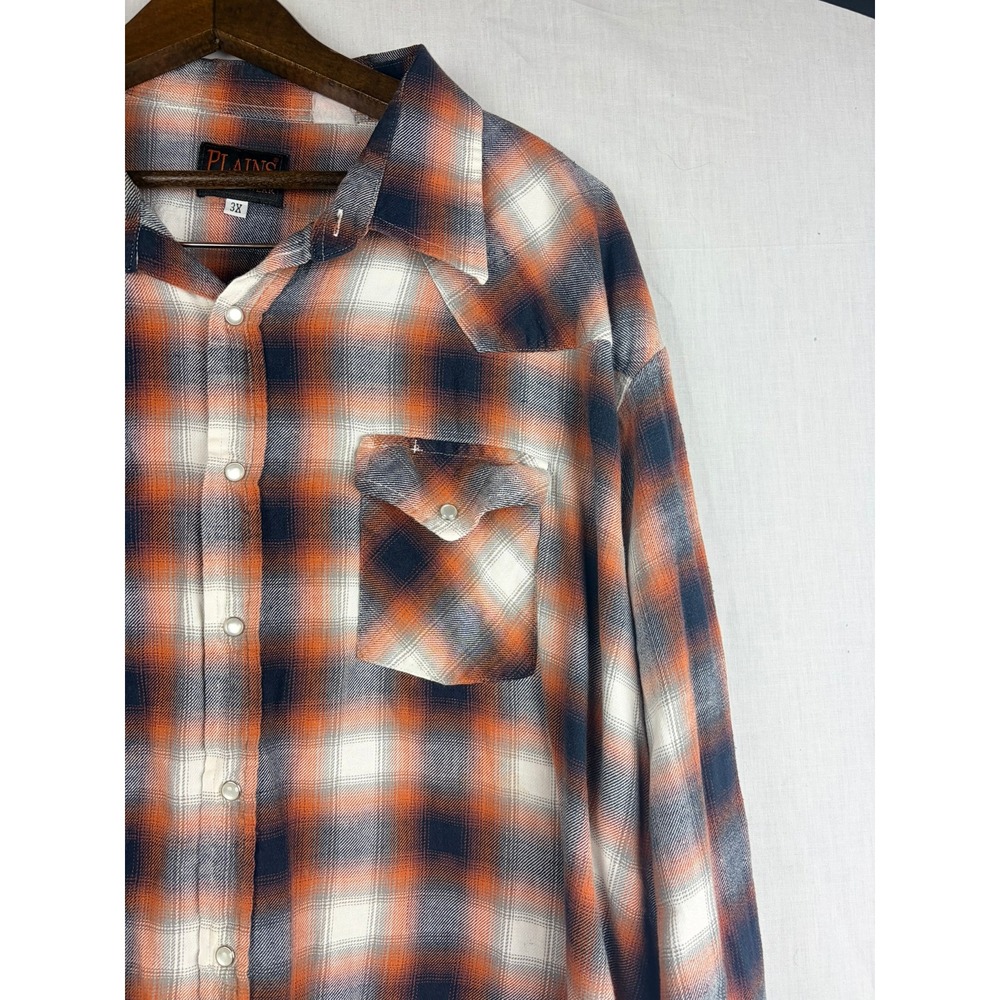 Plains Western Wear Mens 3X Pearl Snap Shirt Orange Navy Plaid Long Sleeve Yoke - Picture 4 of 13